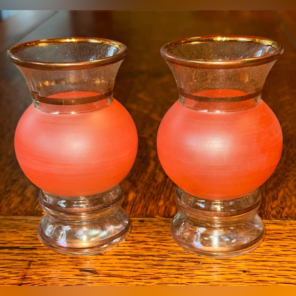 New Vintage MCM Frosted Glass Flower Bud Vase Salmon Bartlett Collins Set 2